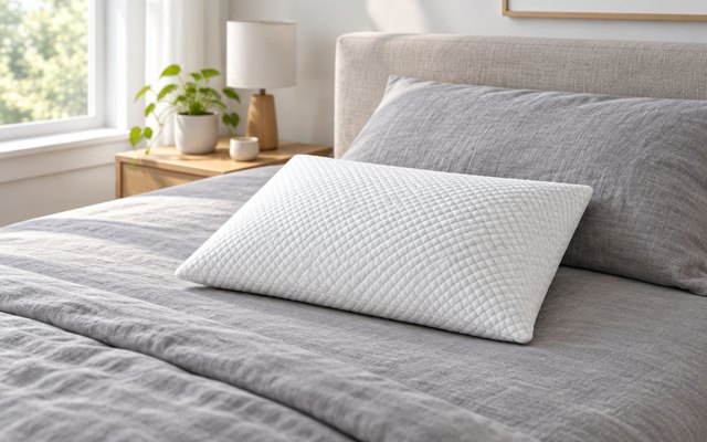 DreamyBlue adjustable memory foam pillow, on a made bed with gray linen sheets in a bright bedroom