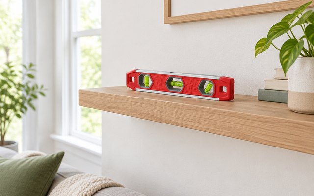 WORKPRO torpedo level, resting on a wall shelf being hung in a bright living room