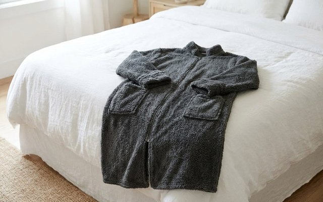 Grey fluffy zip-up robe with two pockets laid across the foot of a bed with white sheets