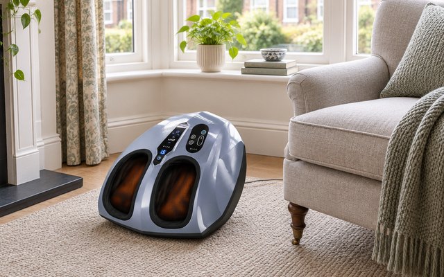 Foot massager, on the carpet beside an armchair by a bay window in a British front room