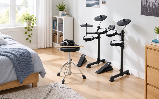 A small electronic drum kit with white mesh pads set up in a bright bedroom
