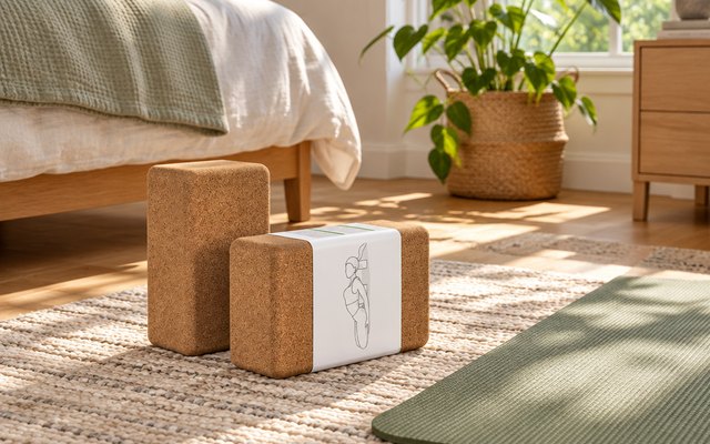 TriDeer Cork Yoga Blocks, on a rug in a sunny bedroom beside a mat