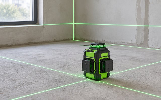 Huepar 3x360 green laser level, standing on the floor of an empty room being renovated, its green lines across the walls and floor