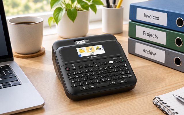 Brother P-touch PT-D610BT Connected Label Maker, on a home office desk beside labeled folders