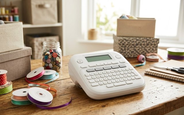 White keyboard label maker on a craft-room table among ribbon spools and a jar of buttons