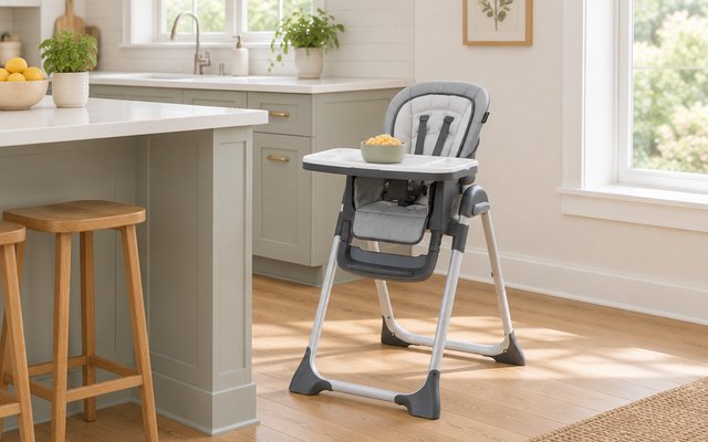 Baby Trend Sit Right 2.0 3-in-1 High Chair, high chair in a bright kitchen beside the counter, a small bowl of puffs on its tray