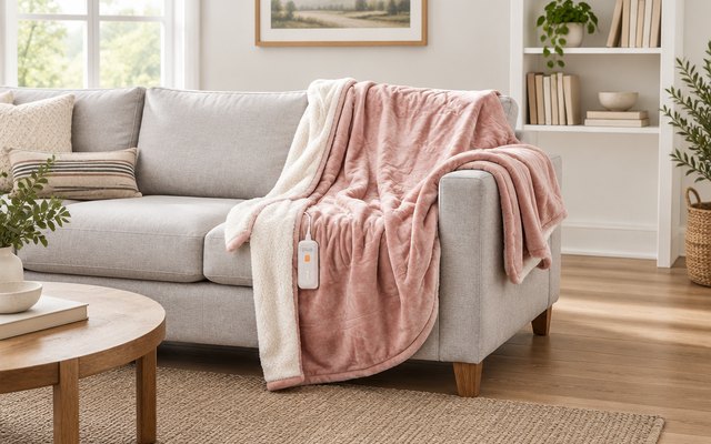 GOTCOZY rose dust heated throw, spread over the arm and seat of a light gray sofa in a bright living room