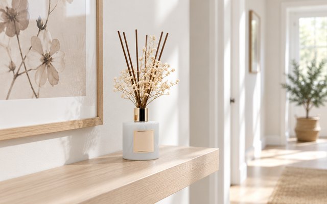 A reed diffuser on a shelf in a bright hallway beside a framed print