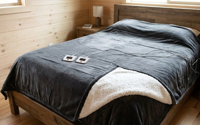 Dark grey heated blanket with a white sherpa underside on a king bed in a wood-panelled bedroom, two controllers on top