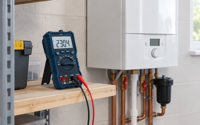 VENLAB multimeter, on a shelf in a utility room beside a white combi boiler