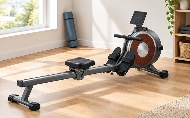 MERACH Q1S rowing machine, in a bright spare-room home gym with a window and a rolled yoga mat