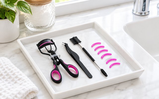 MUIIGOOD eyelash curler, lying on a white vanity tray beside its tweezers, lash comb and spare pads
