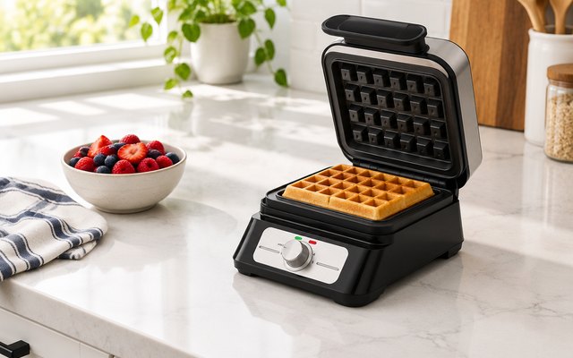 Belgian waffle maker, on a white counter in an American kitchen, lid open with a golden Belgian waffle inside, a bowl of berries beside it