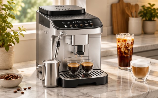 De’Longhi Magnifica Evo Super-Automatic Espresso Machine with Manual Frother, espresso machine on a marble counter, a small stainless milk pitcher at the steam
