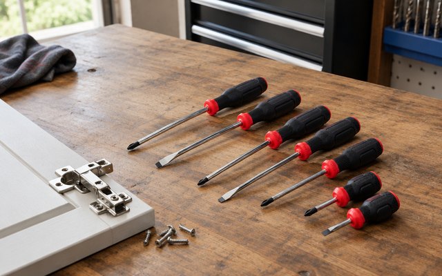 CRAFTSMAN 8-piece screwdriver set, laid out on a garage workbench beside a cabinet hinge