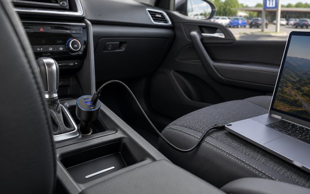 UGREEN 130W car charger, plugged into the socket between the front seats of an estate car, a cable running to a laptop on the passenger seat