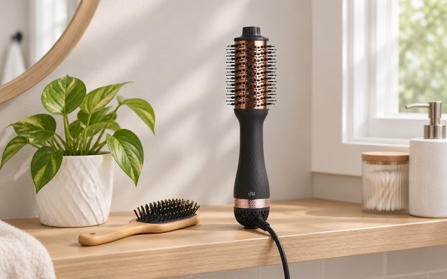 L'ANGE Le Volume blow dryer brush, on a light wood shelf in a bathroom beside a small plant and a hairbrush