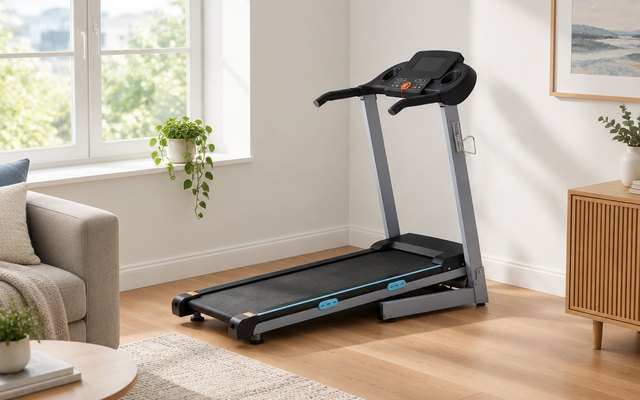 BORGUSI folding treadmill, in the corner of a bright living room by a window, its screen off