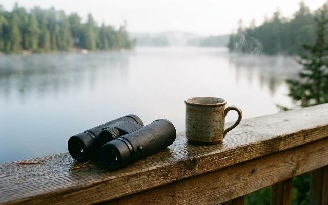 Black 8x42 binoculars, on a cottage deck railing with a misty lake behind