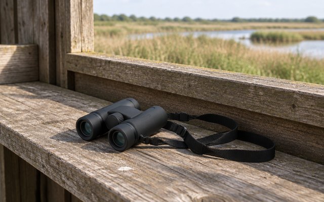 Nikon PROSTAFF P3 binoculars, on a weathered wooden bench in a bird-watching blind by a marsh