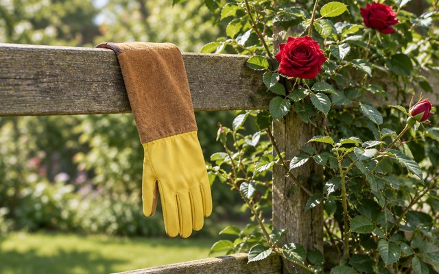 WOHEER long gardening gloves, laid over a wooden fence rail beside a climbing rose