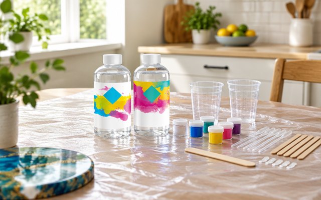 Funxim epoxy resin kit, on a kitchen table covered with a protective sheet, beside mixing cups, small pots of coloured pigment and a stirring stick