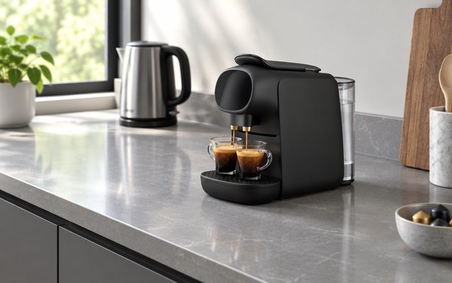 L'OR Barista Sublime pod machine, on a quartz worktop making two coffees