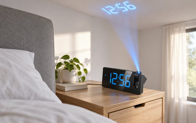 Projection alarm clock, on a nightstand in a bedroom with white walls in early morning light, softly projecting the time onto the ceiling