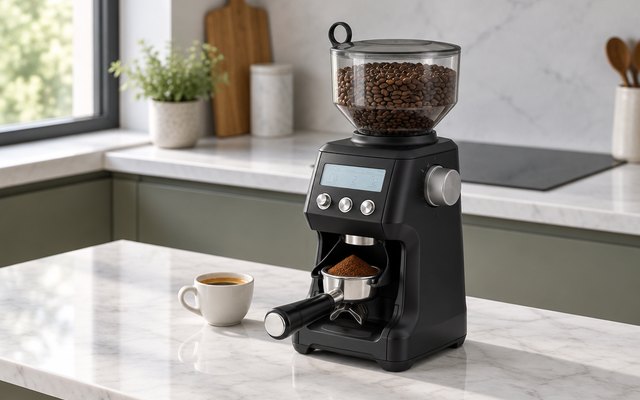 Breville Smart Grinder Pro, on a white marble counter in a modern kitchen beside a small espresso cup