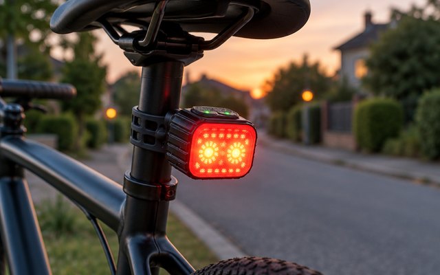 Cuvccn Q4 Rechargeable Bike Light Set, bike light mounted on a bicycle parked on a quiet residential street at dusk, light glowing softly