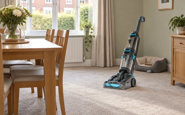Vax Dual Power Pet Advance carpet cleaner, on the carpet of a British family dining room, a dog bed in the corner