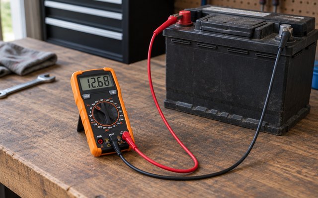 Klein Tools MM325 multimeter, on a garage workbench beside a car battery