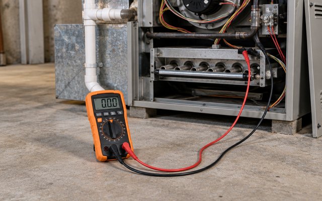Klein Tools MM420 multimeter, on a basement floor beside an HVAC furnace with its panel off