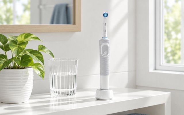 Electric toothbrush on its charger on a bathroom shelf