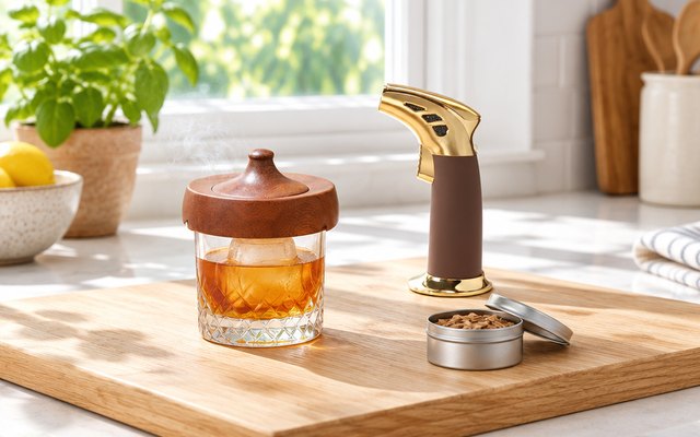 Round wooden cocktail smoker on an old fashioned with a wisp of smoke, gold torch beside, on a sunny kitchen counter