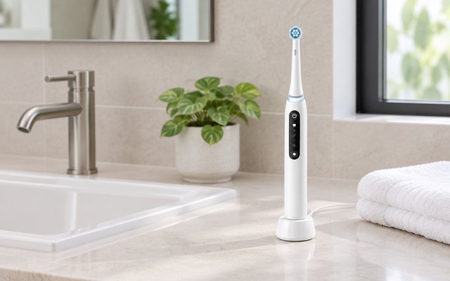 White electric toothbrush on its charger by a bathroom sink