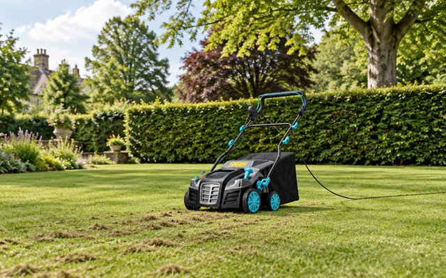 Bluemars lawn scarifier, on a wide lawn in a large British garden with a beech hedge and mature trees