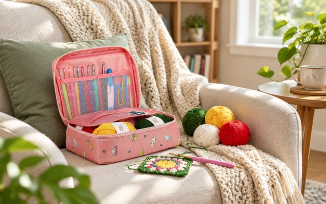 Aeelike beginner crochet kit, on a cozy armchair with a knitted throw in a sunny living room