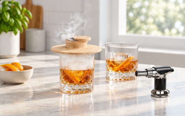 A round wooden smoker top trapping smoke in a crystal tumbler, a second glass and a small torch on a stone kitchen island
