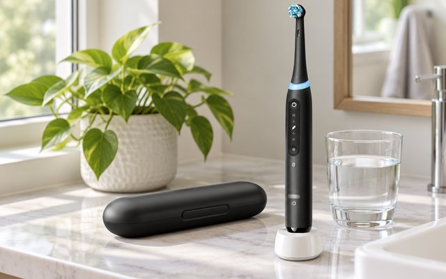 Oral-B iO Series 5 Electric Toothbrush, in a tidy bathroom beside a glass of water and a plant