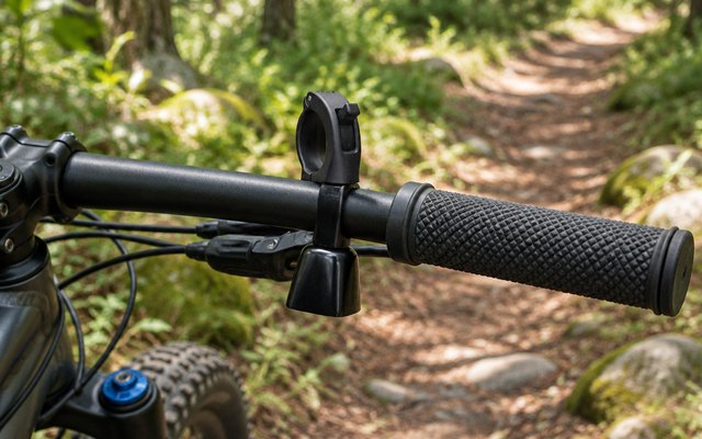 Timber mountain bike bell, on the handlebar of a mountain bike parked on a forest singletrack trail