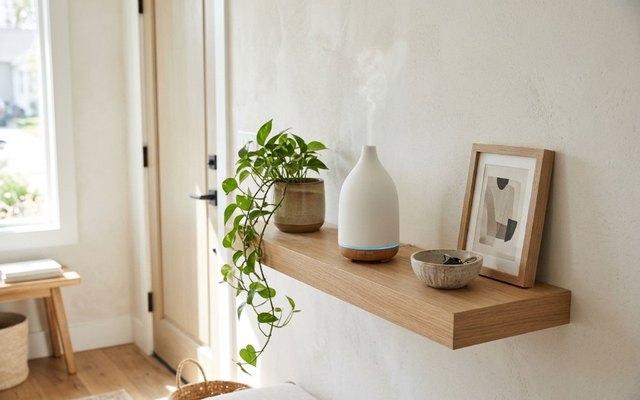 Slim white ceramic diffuser misting on a floating oak shelf in a bright entryway beside a plant and a bowl of keys