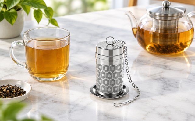 Reinmoson tea infuser standing on its drip tray beside a glass mug of tea