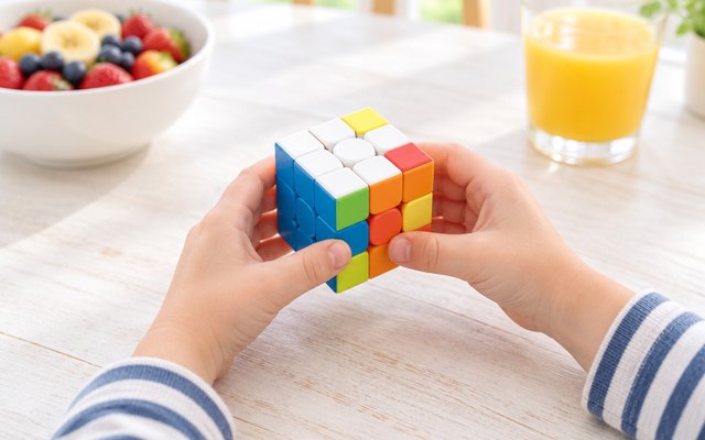 Monster Go EDU speed cube in a child's hands at a kitchen table