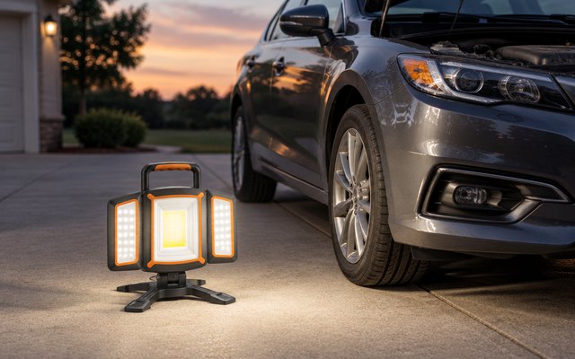 TRESDA three-head work light, standing on a concrete driveway beside a car with its hood open
