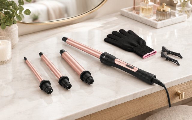 Curling wand handle with its interchangeable barrels laid out neatly on a dressing table with a heat glove and two hair clips