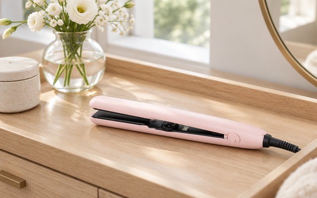 L'ange Le Ceramique flat iron, on a light wooden vanity tray beside a small vase of white flowers