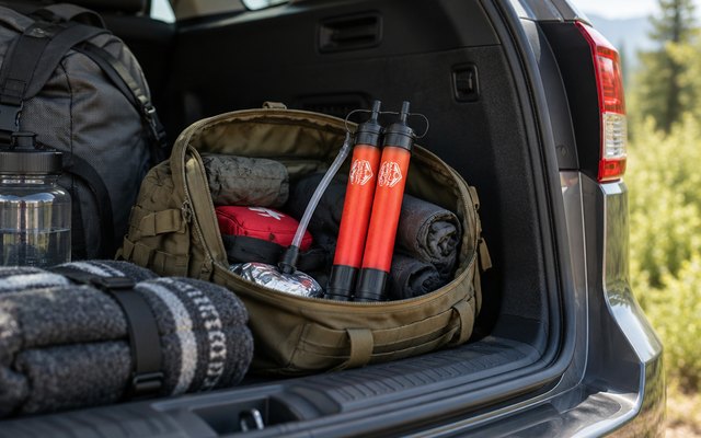 Pair of water filter straws, in an open emergency kit bag in the trunk of a car
