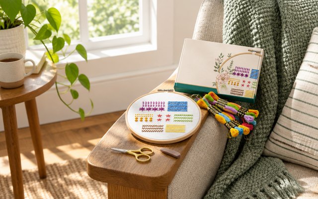 Bradove embroidery kit, on the arm of a chair by a sunny window