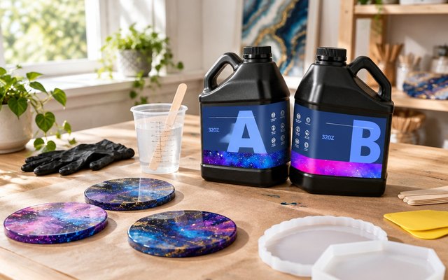 KISREL epoxy resin kit, on a craft table beside a few finished resin coasters and silicone molds